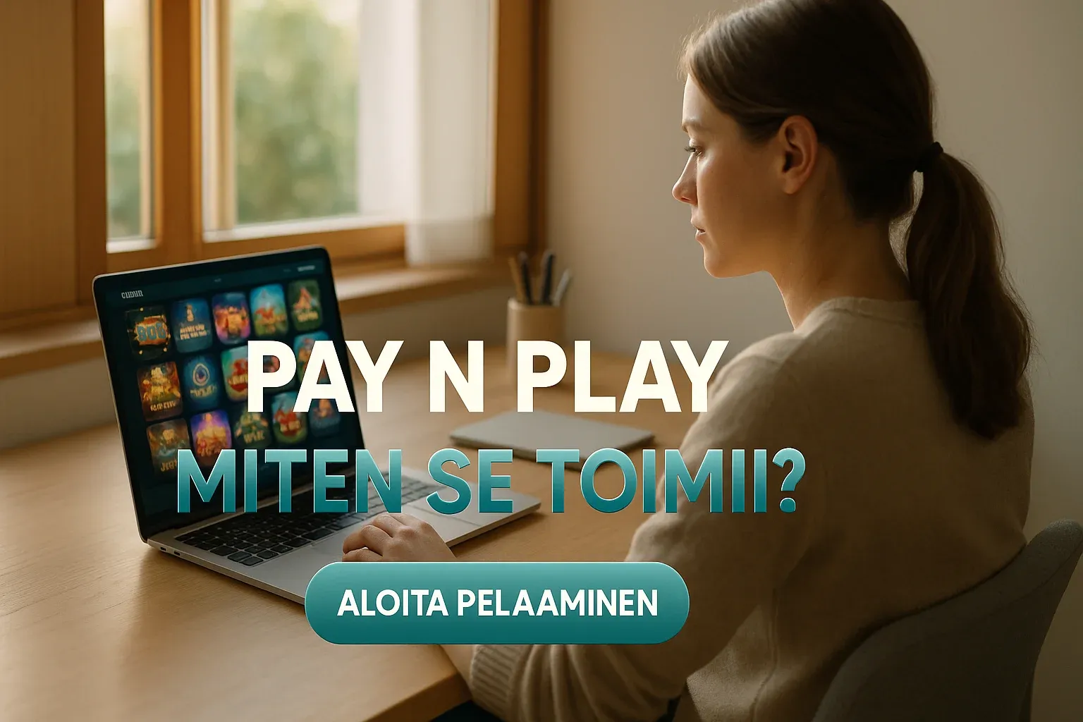Fotorealistinen suomalainen kasino banneri, nainen katsoo kannettavaa tietokonetta kotitoimistossa