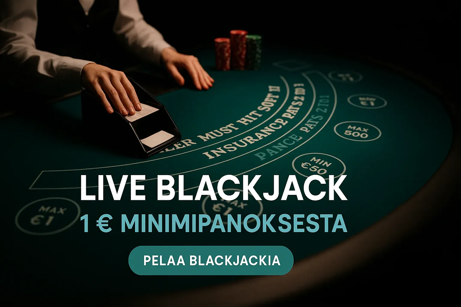 Fotorealistinen suomalainen live blackjack -kasinobanneri, pöytä ja panosrajat