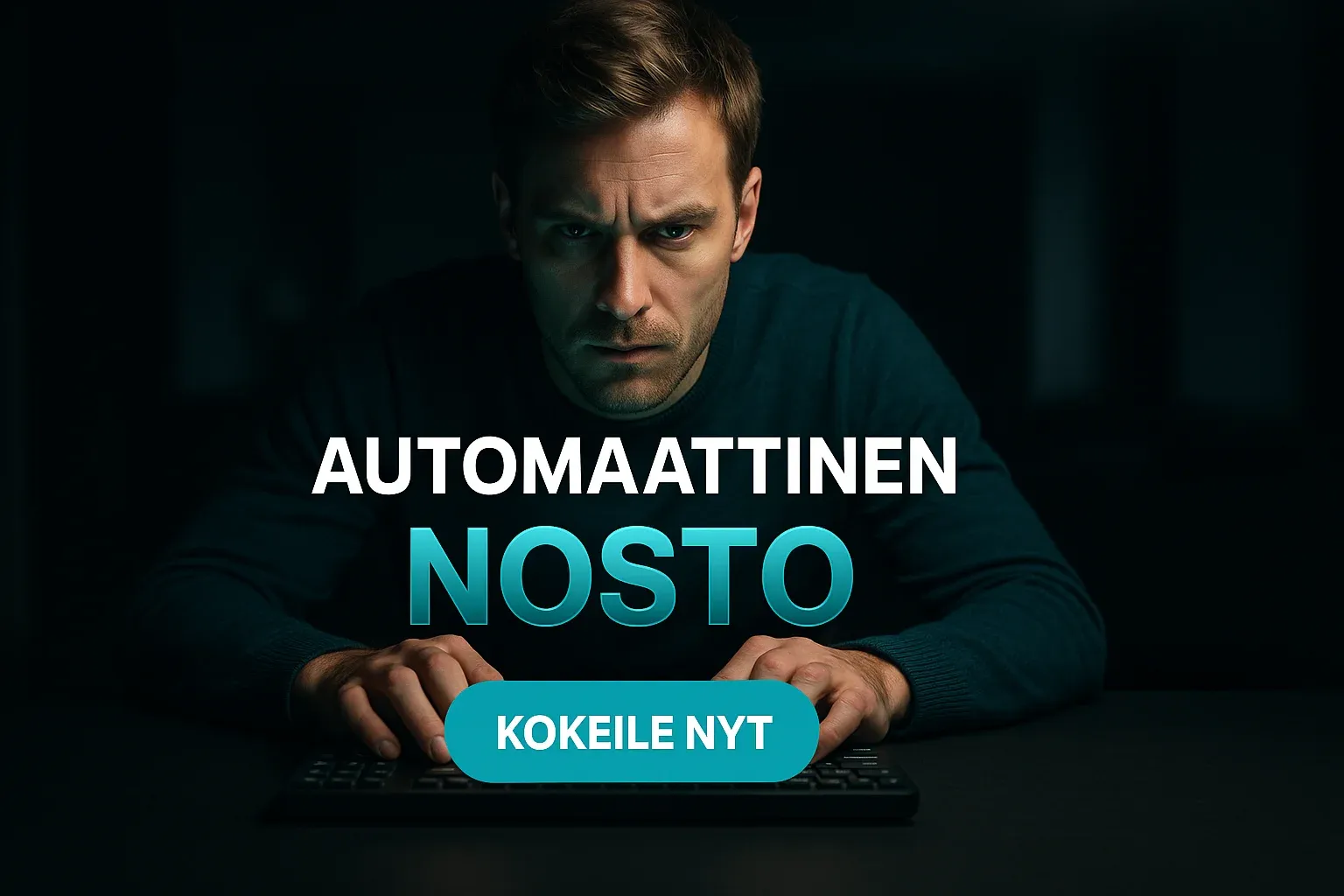 Suomalainen kasino mainosbanneri, mies näppäimistöllä ja automaattinen nosto CTA
