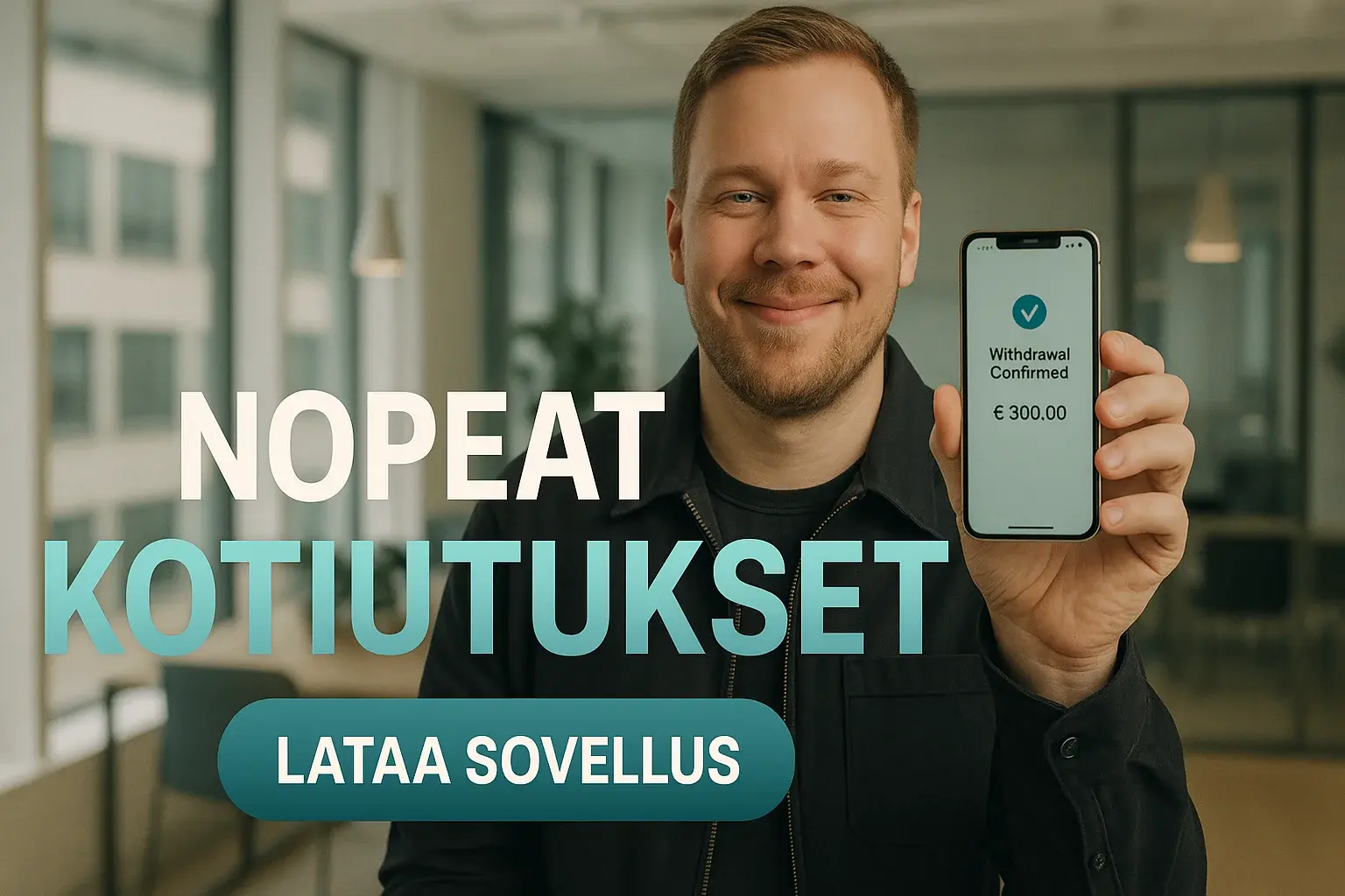Suomalainen mies näyttää iPhonessa kotiutuksen vahvistuksen Helsinki-toimistossa