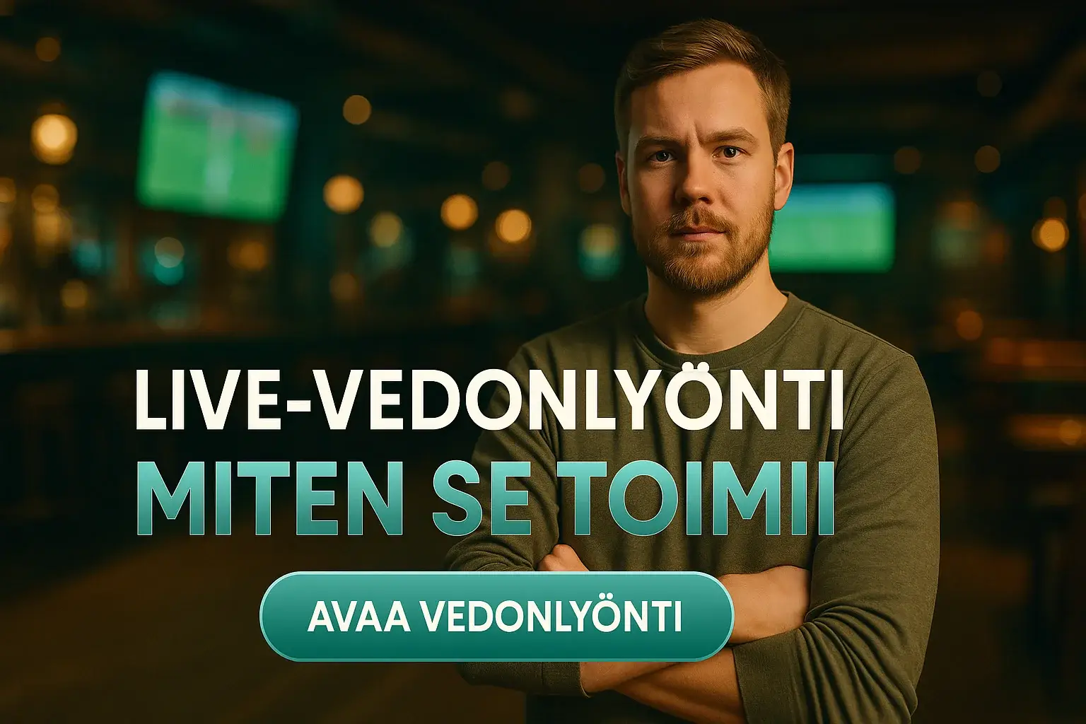 Suomalainen mies urheilubaarissa, live-vedonlyönti mainosbanneri ja CTA-painike